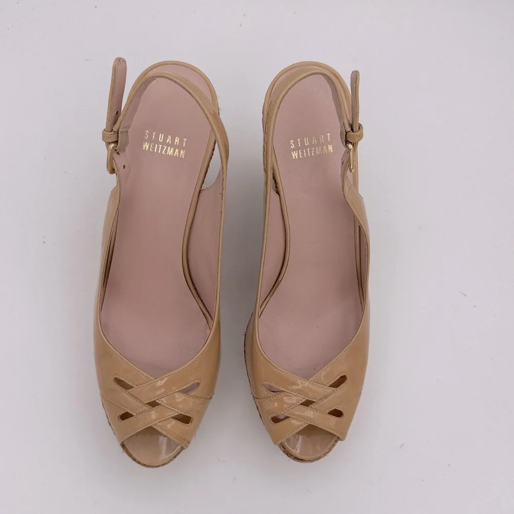 Stuart Weitzman women’s patent leather Tan Espadrille platform sandals shoes 8.5